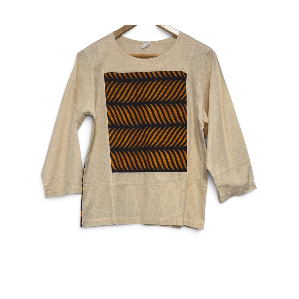 Handmade Cotton Graphic Leaf Print Top Cream Black 3/4 Sleeve Boxy Fit Guyana